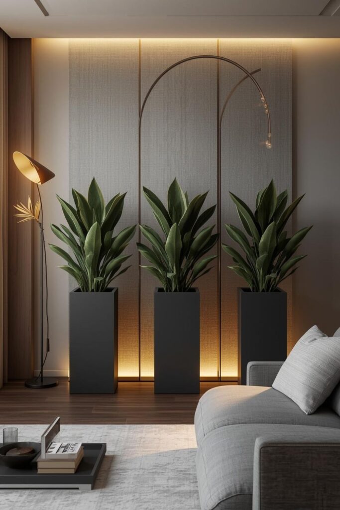 Indoor Garden Divider With Tall Planters And Floor Lamp Glow
