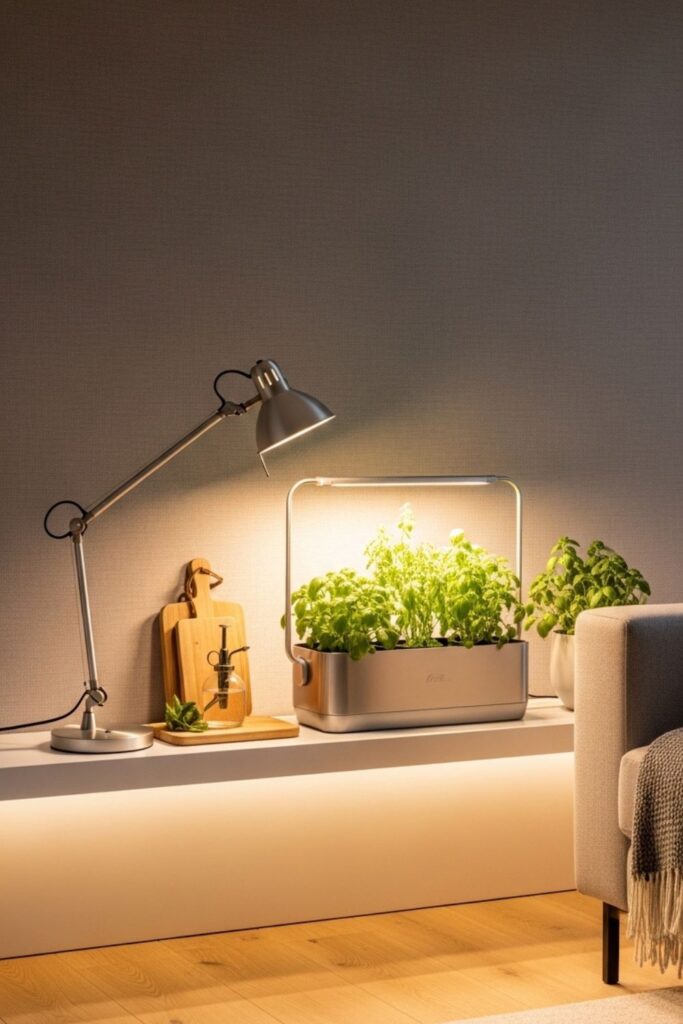 Indoor Herb Garden Console Near Sofa With Task Light Styling