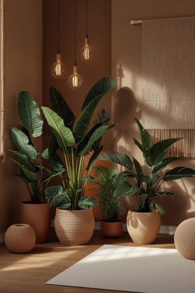 Indoor Jungle Setup With Rattan Planters And Pendant Cluster