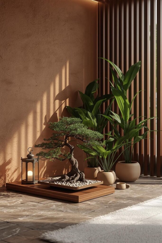 Indoor Zen Garden Corner With Pebble Tray And Soft Lantern Light