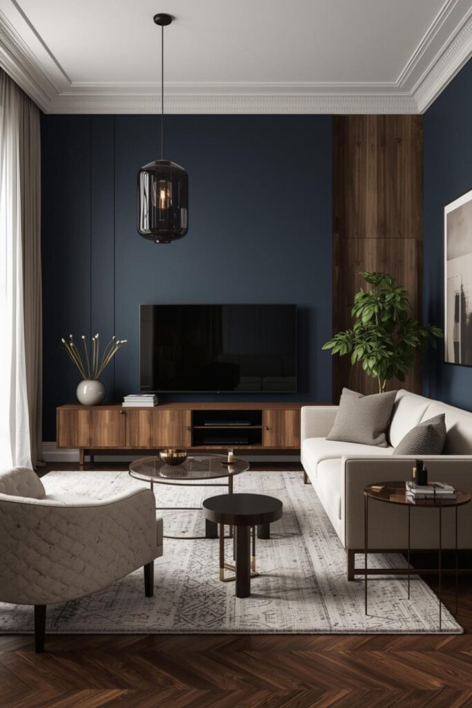 Ink Navy Feature Wall with Warm Walnut and Ivory Bouclé Chair