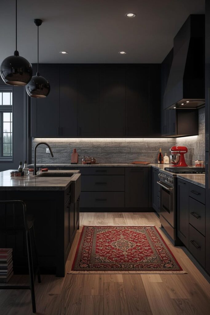 Island-Centered Black Cabinet Kitchen With Crimson Medallion Rug