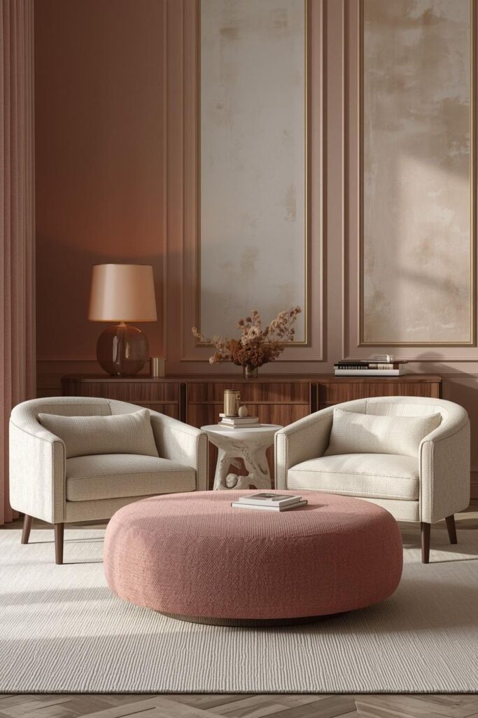 Ivory Boucle Chairs With Dusky Pink Ottoman Center