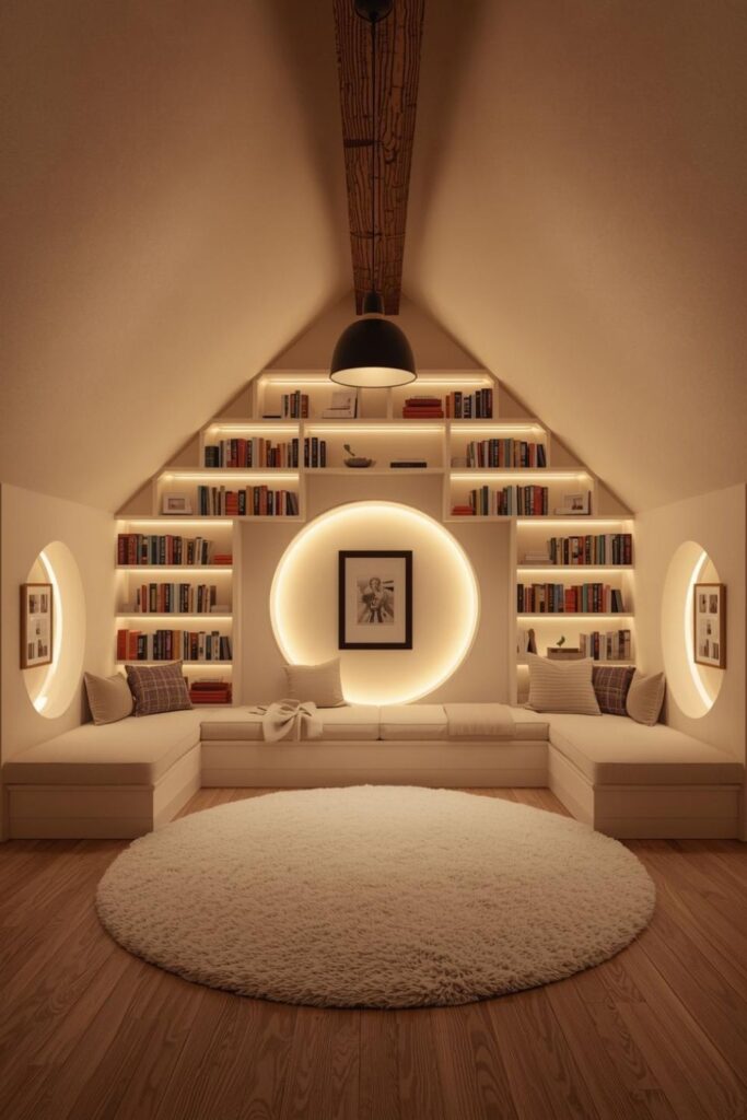 Ivory Circular Shelves with Bright Halo Lighting and Cushion Ring Seating