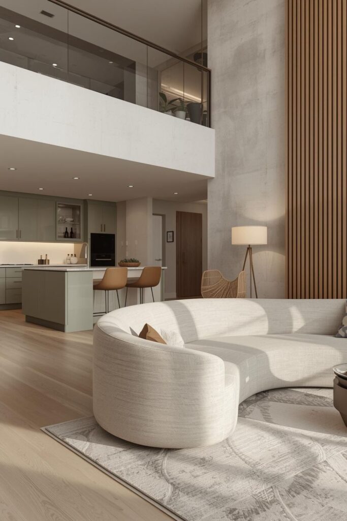 Ivory Performance Fabric Curve Sofa With Sage Open Kitchen