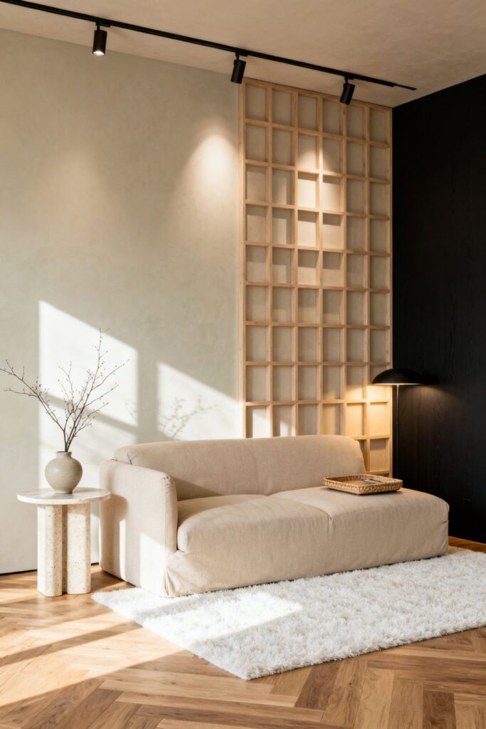 Japandi Luxury Mix With Oak Grid Wall and Linen