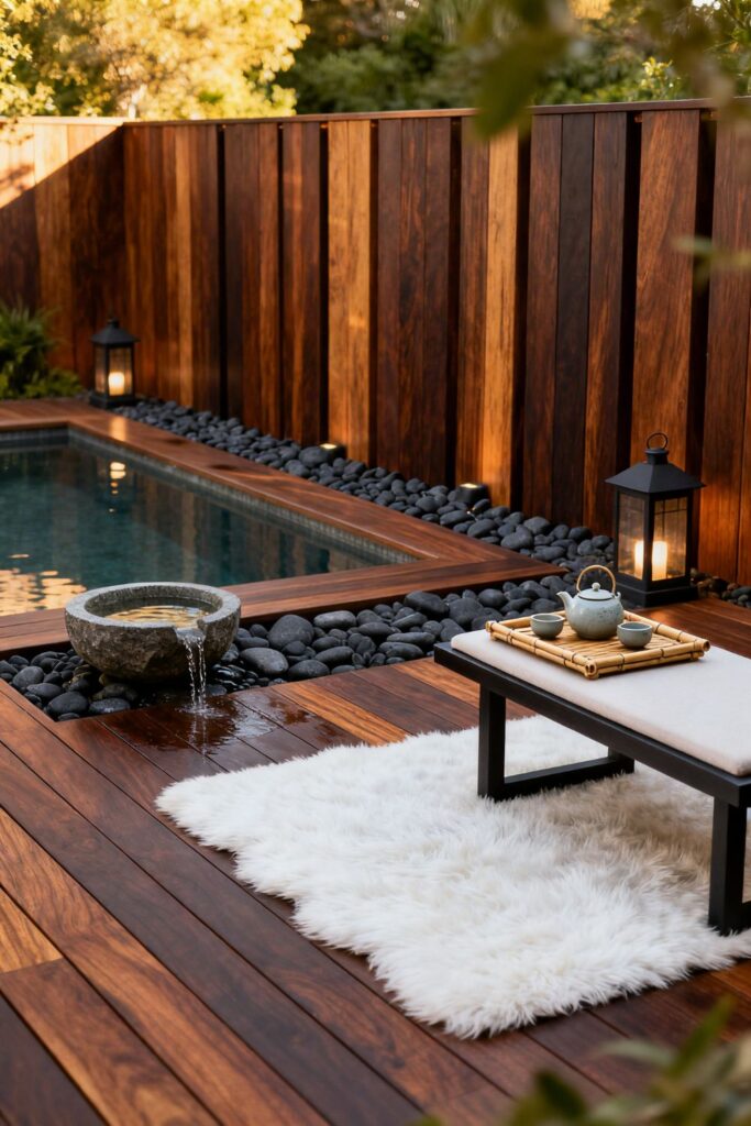 Japanese-Inspired Deck With Timber Screen and Pebble Border