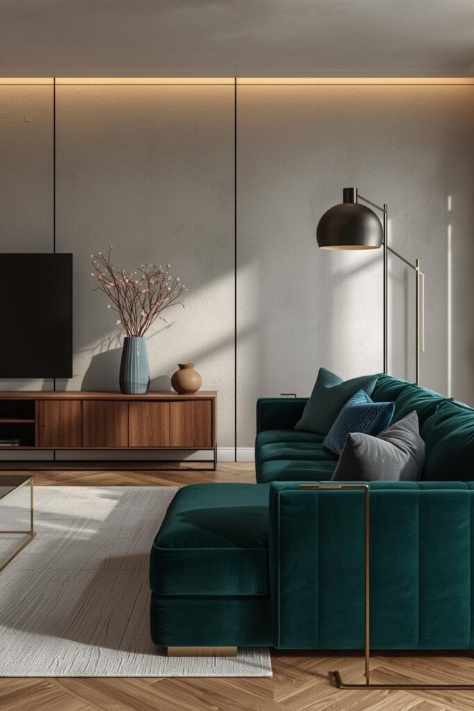 Jewel-Tone Boho Living Room With Velvet and Walnut Warmth