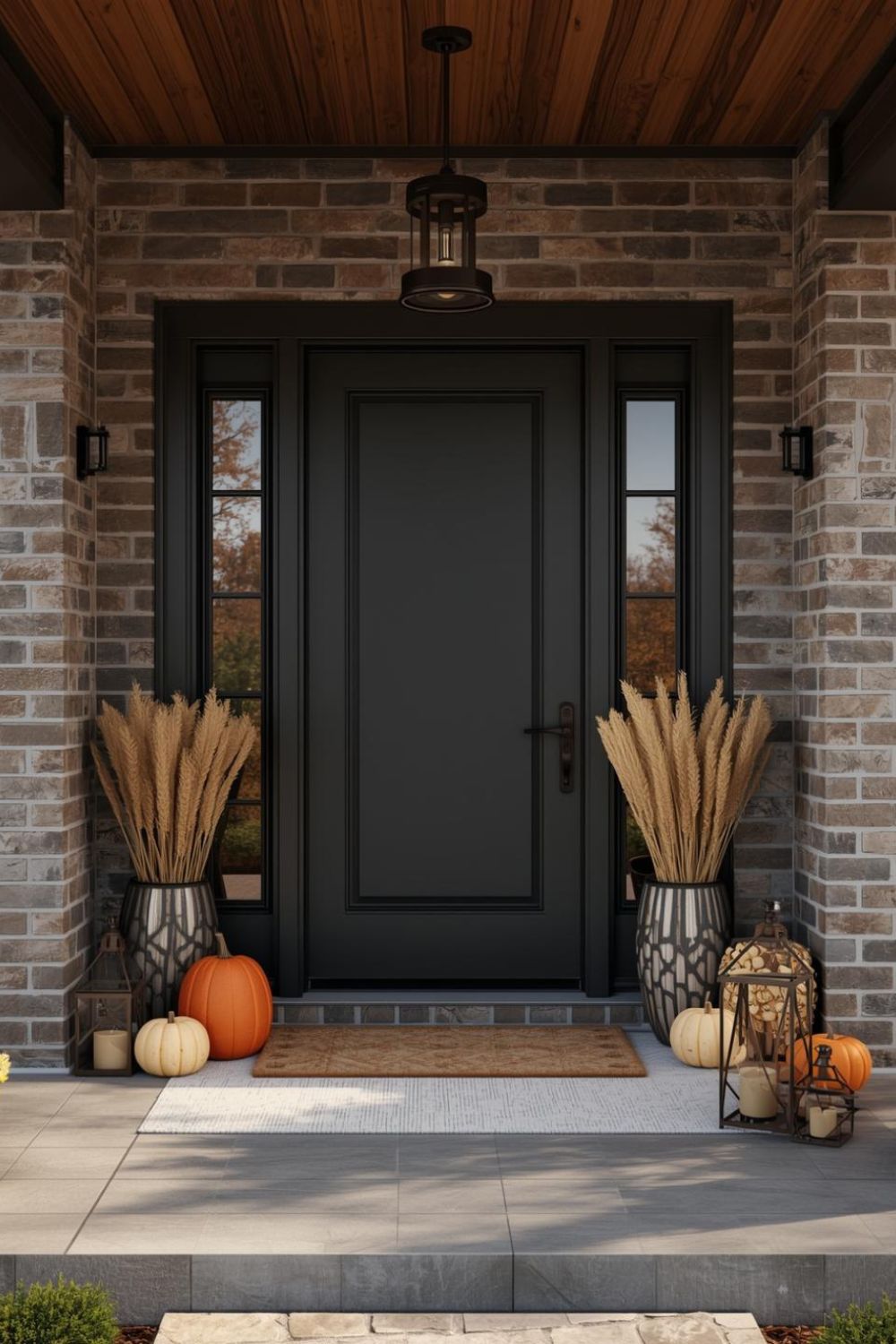 Layered Doormat Styling with Pumpkins and Cozy Lantern Glow