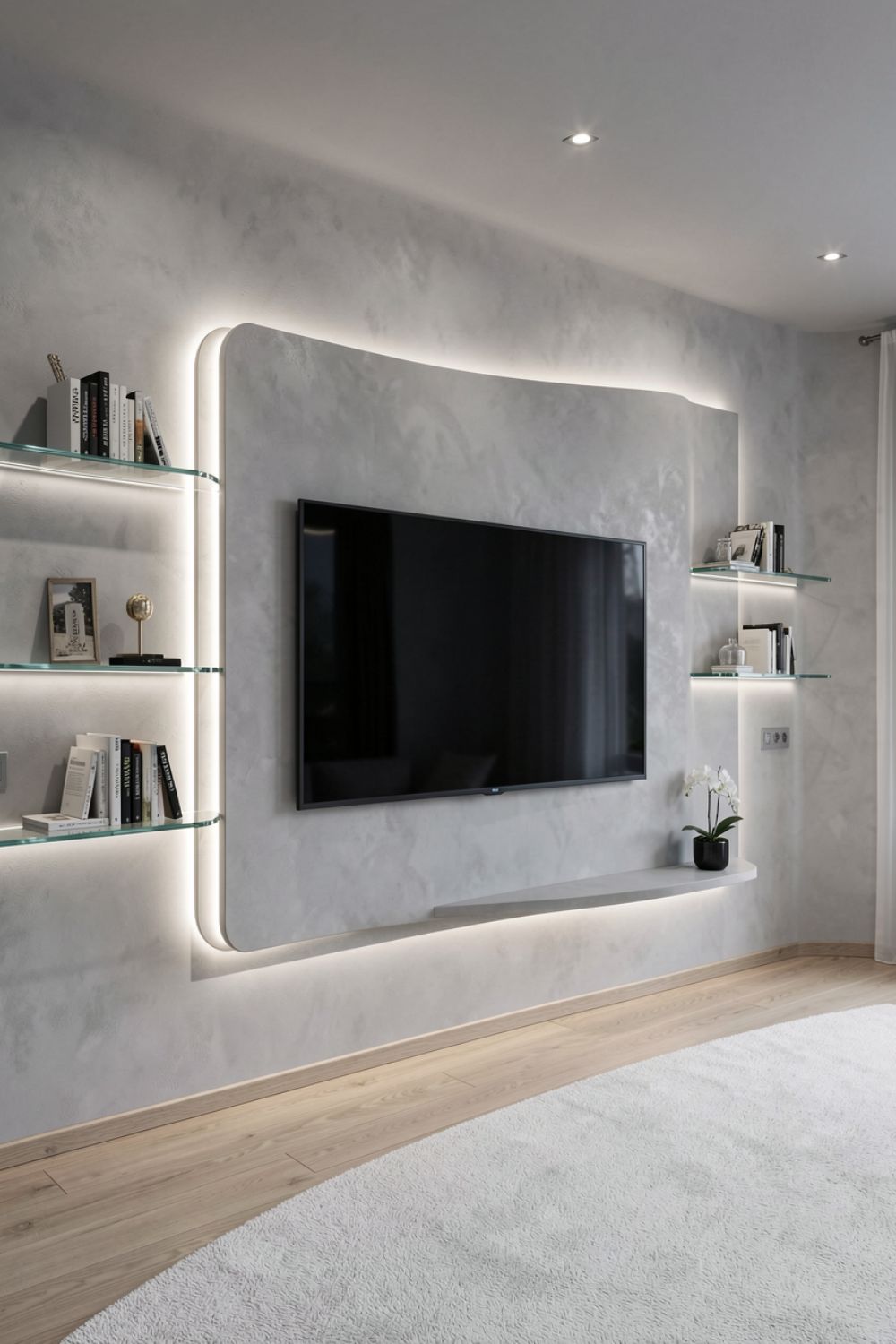 Light Gray Venetian Plaster Curve With Floating Glass Shelves