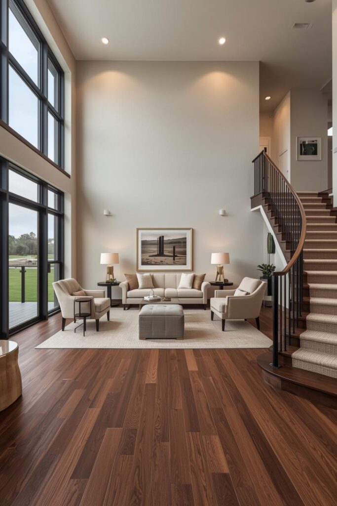 Light Neutrals with Dark Wood Accents and Cozy Stair Runner