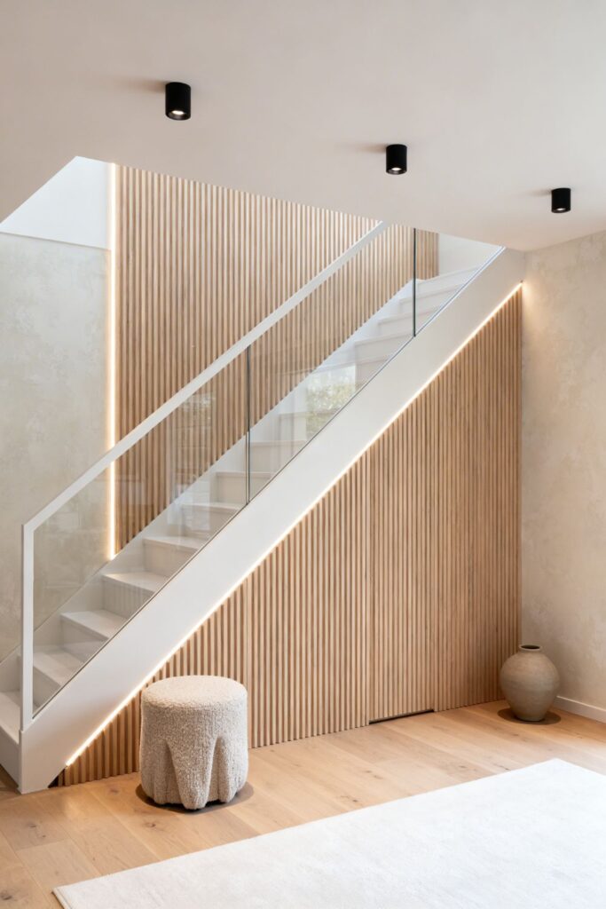 Light Oak Fluted Partition Wall With Minimal White Stringer Stair
