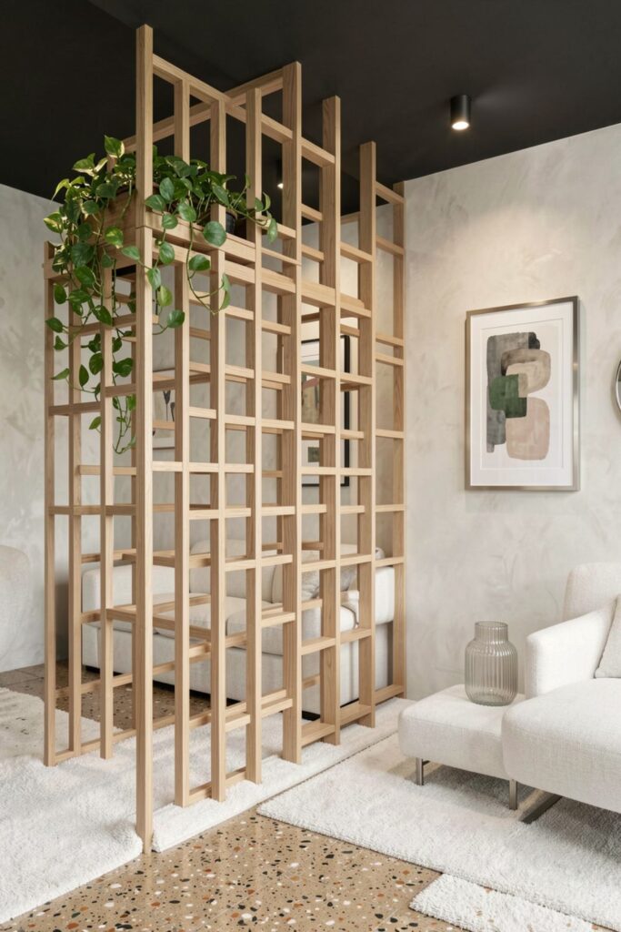 Light Oak Grid Partition With Hanging Pothos Trail