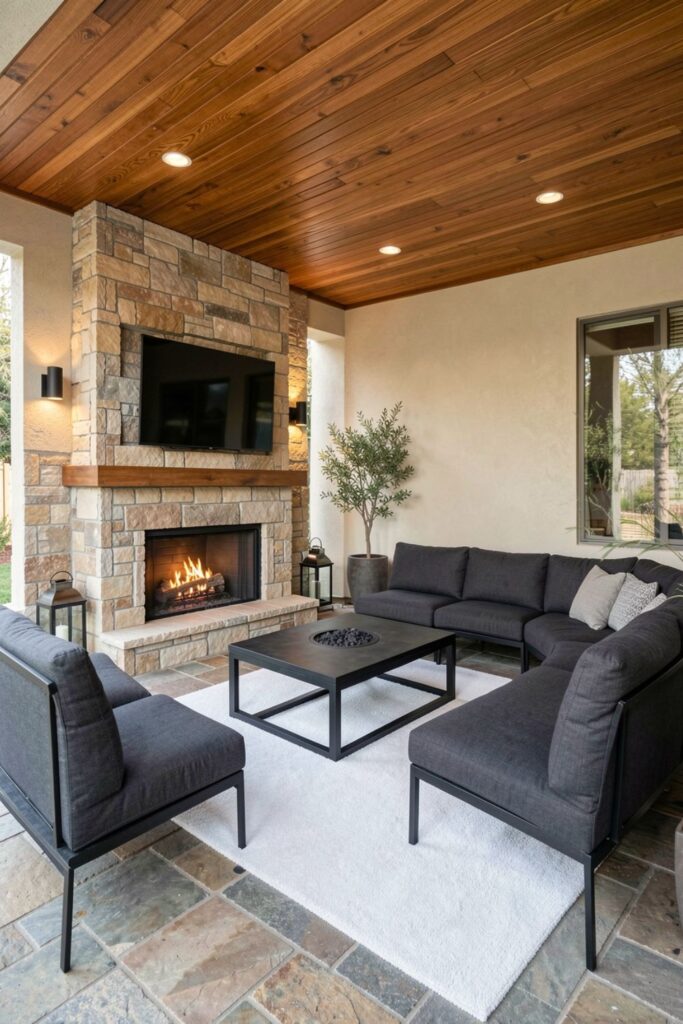 Limestone Hearth Luxury Patio With Charcoal Sectional Comfort