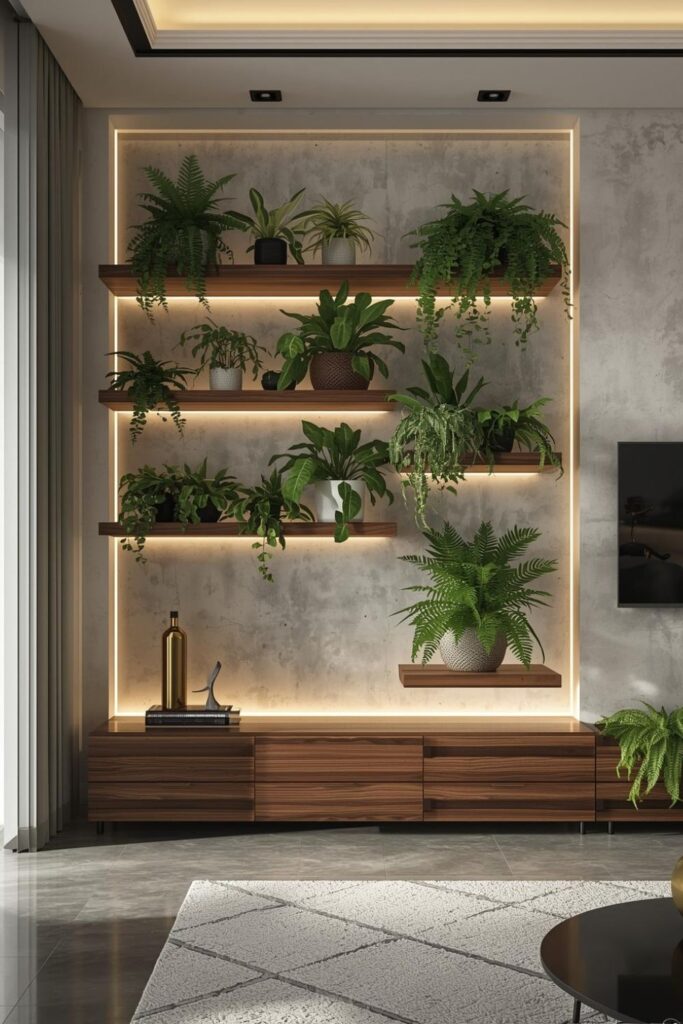Living Room Plant Wall With Floating Shelves And LED Backlight 
