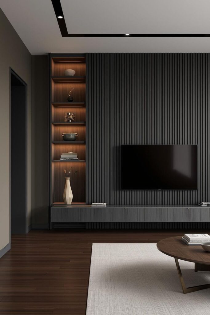 Living Room Slat Wall With Hidden Shelves And Media Hooks
