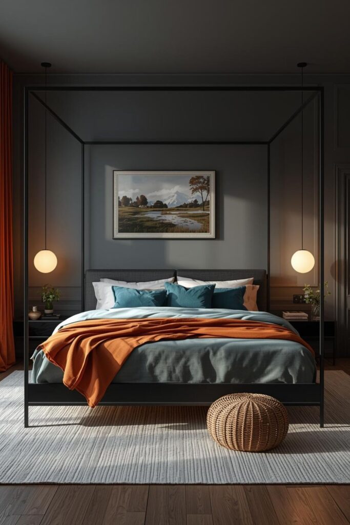 Matte Black Canopy Bed With Teal Linen And Spiced Curtains
