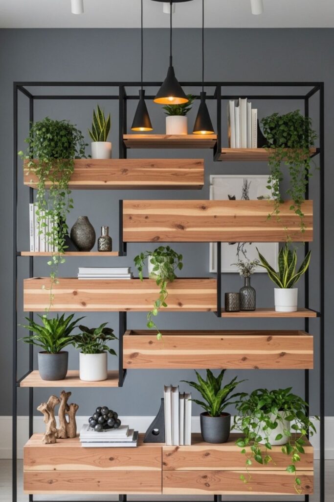 Matte Black Frame Partition With Cedar Shelves And Ferns