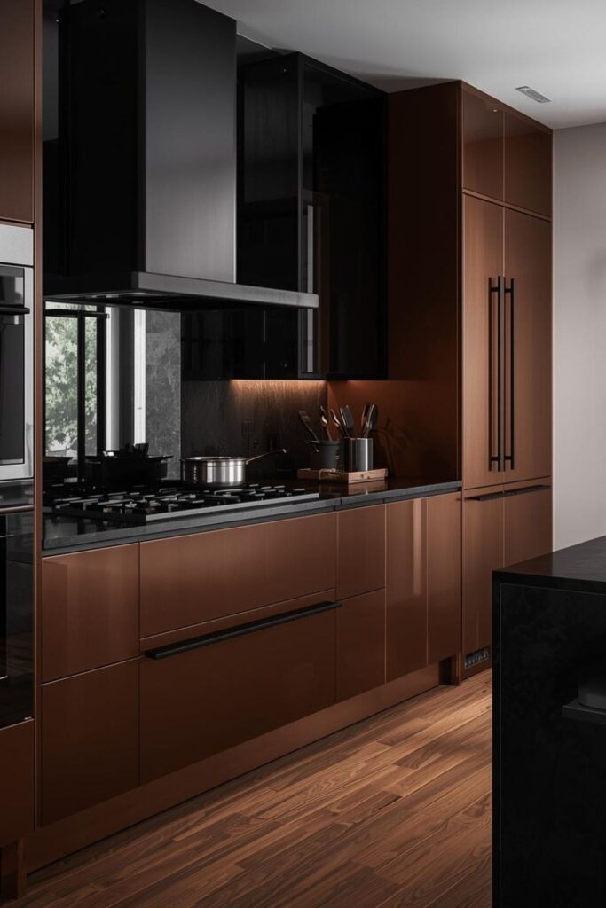 Matte Black Hood over Copper-Toned Gloss Cabinets and Dark Glass