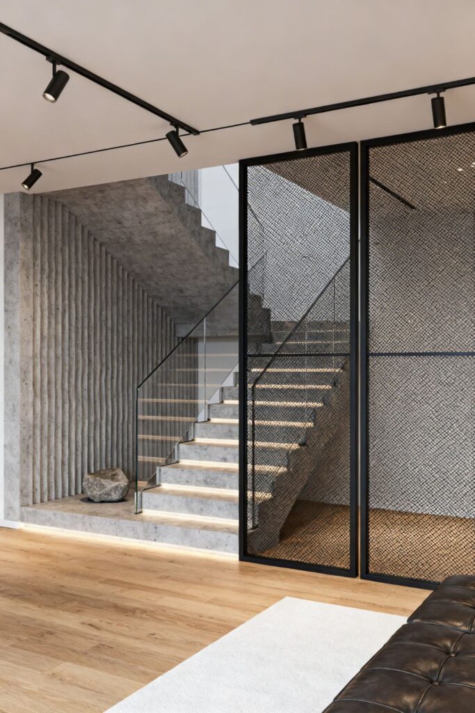 Matte Black Metal Mesh Partition With Industrial Concrete Stairs