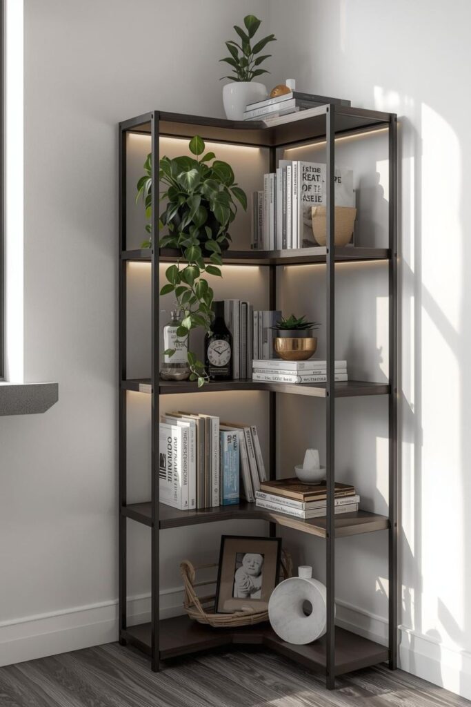 Matte Black and Marble Corner Shelf with Sculptural Styling