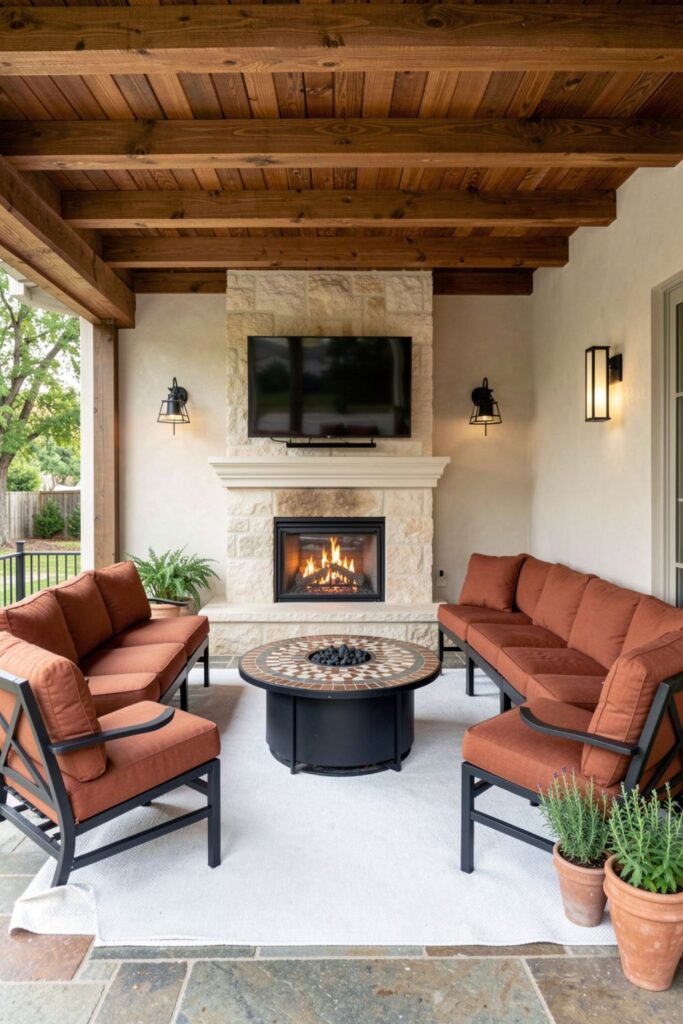 Mediterranean Stone Fireplace With Terracotta Cushions And Arched Mood