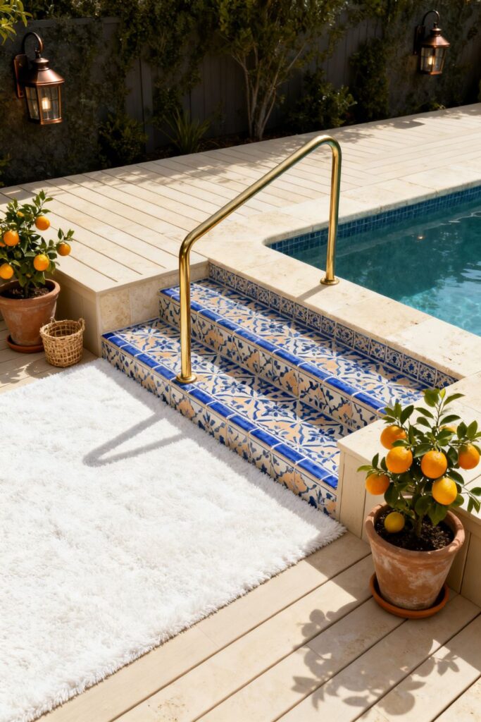 Mediterranean Tile Landing With Brass Rail and Citrus Pots