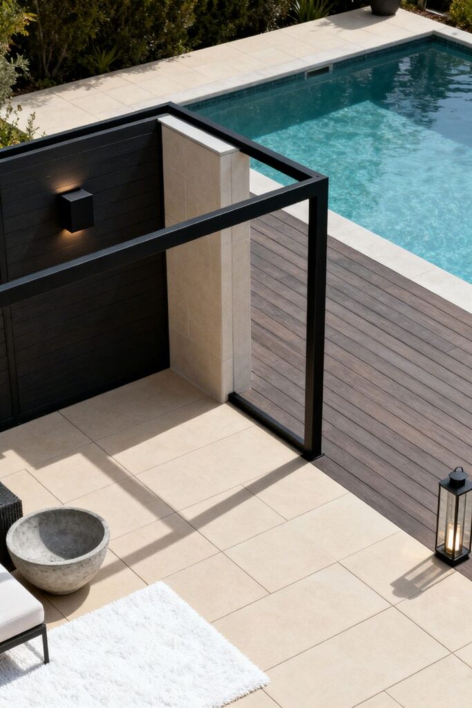 Minimal Black Steel Frame Deck With Porcelain Pavers