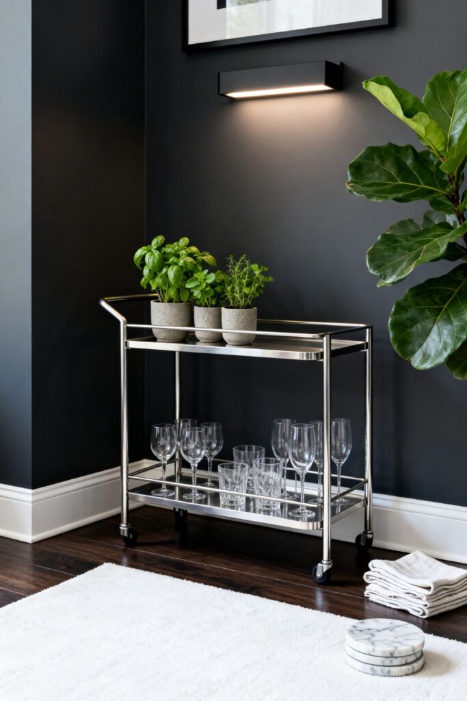 Minimal Corner Bar Cart With Herbs and Stoneware Pots
