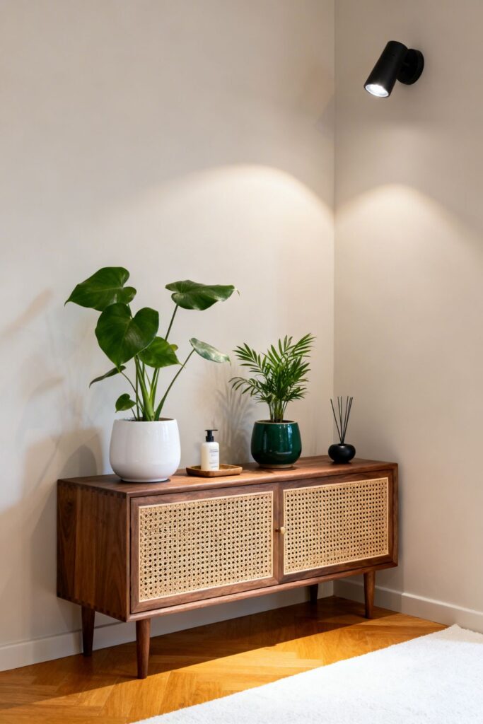 Minimal Corner Plant Bench With Woven Cane Front Storage