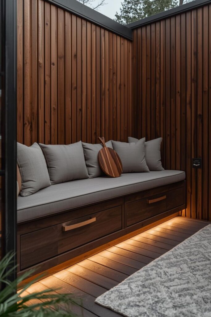 Minimal Deck Lounge With Built-In Bench and Storage Drawers