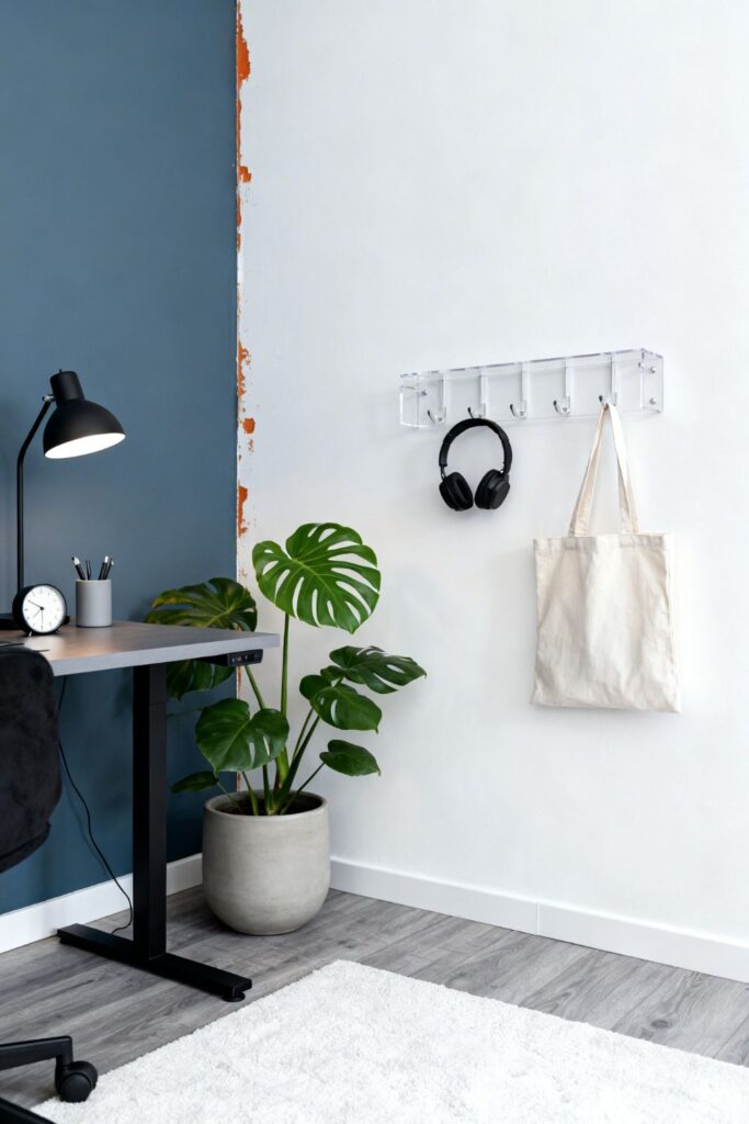 Minimal Desk-Adjacency Plant Corner With Acrylic Wall Hooks