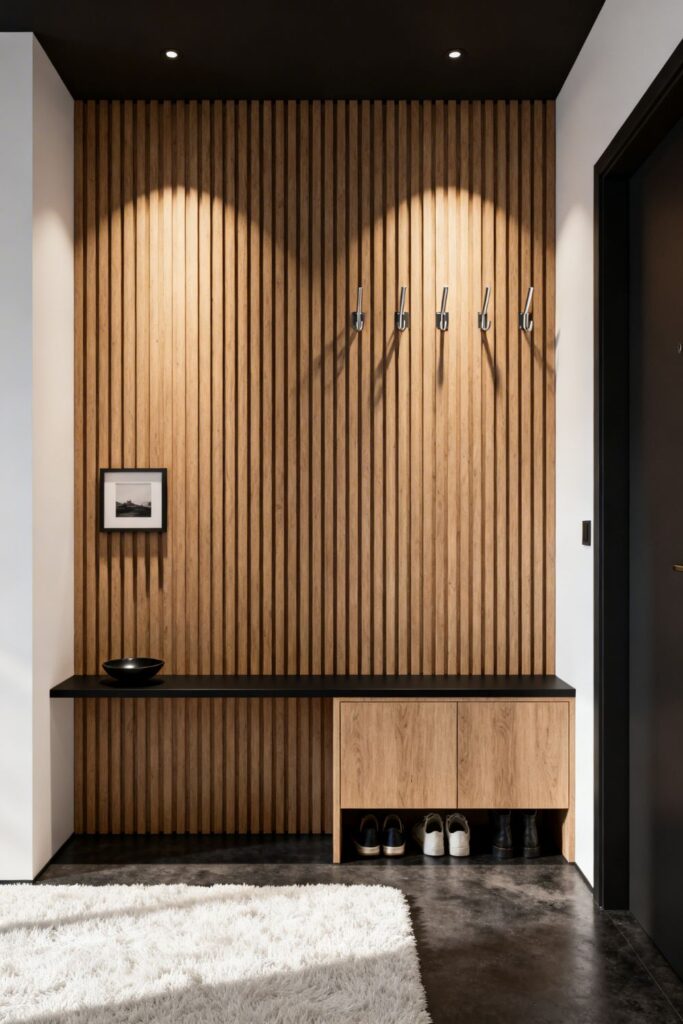 Minimal Entry With Vertical Slat Wall and Hidden Storage