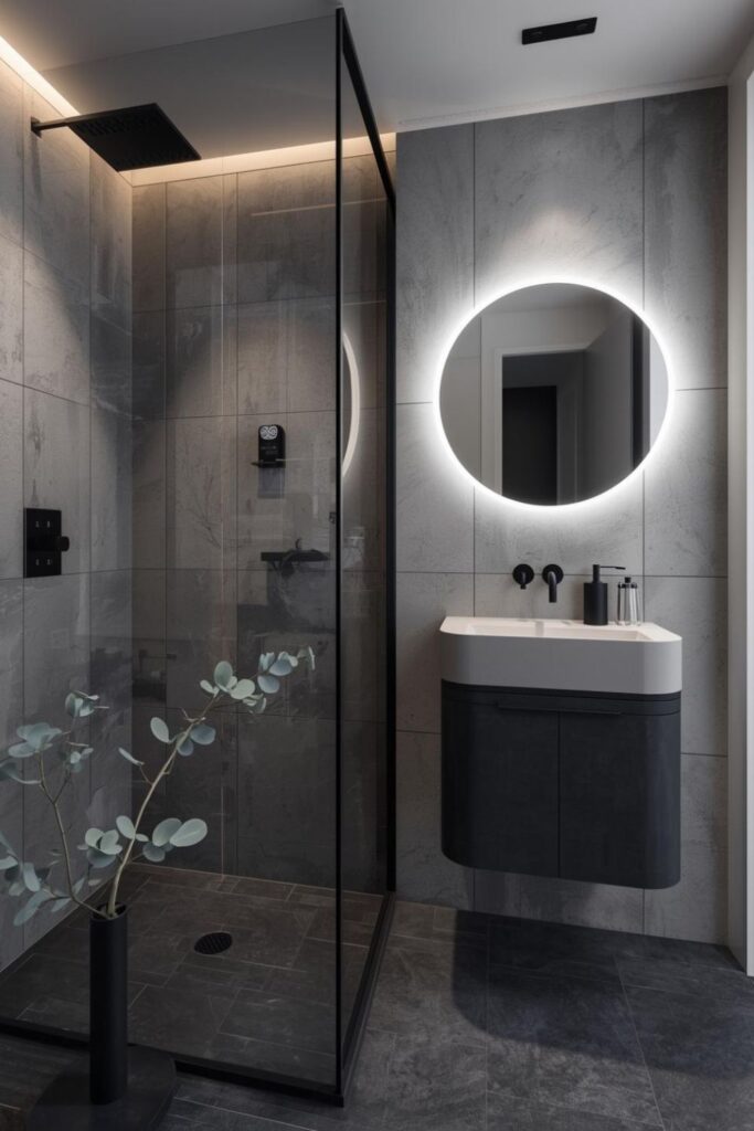 Minimal Matte Black Bathroom with Concrete Tile Shower