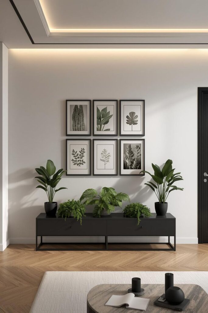 Minimal Plant Gallery With Black Frames And Linear Grow Light Bar