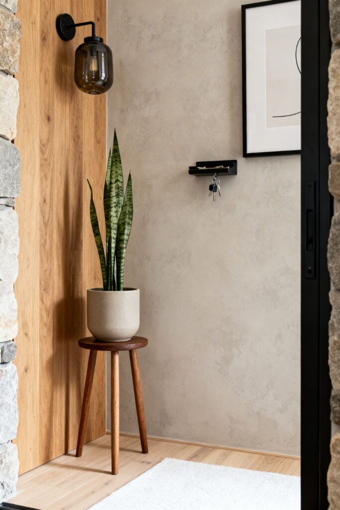 Minimalist Entry Plant Corner With Slim Oak Stool