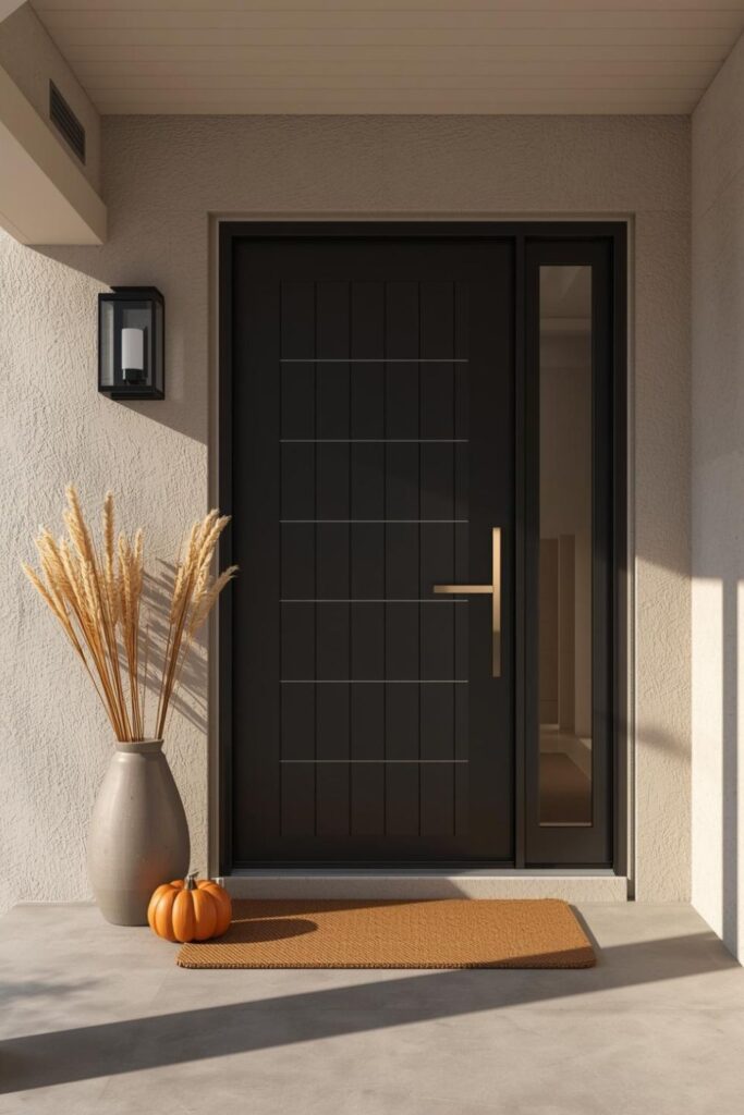 Minimalist Porch Black Door, Brass Hardware, and Wheat Stems