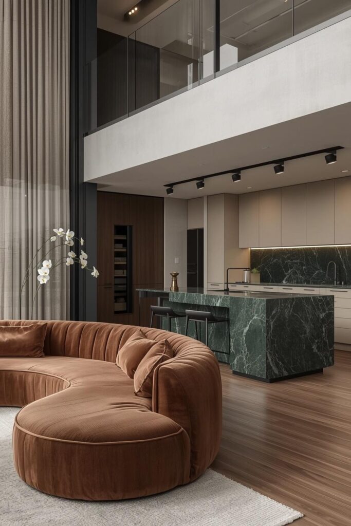 Mocha Curved Sofa With Green Marble Island And Hidden Pantry
