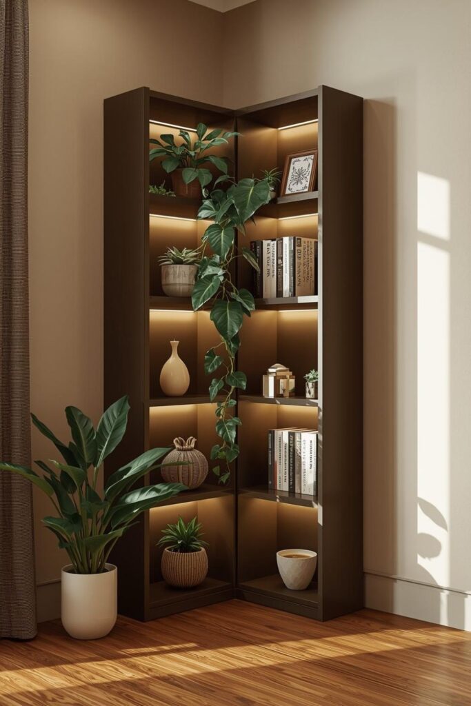 Mocha and Cream Corner Shelf with Soft Contrast and Cozy Order