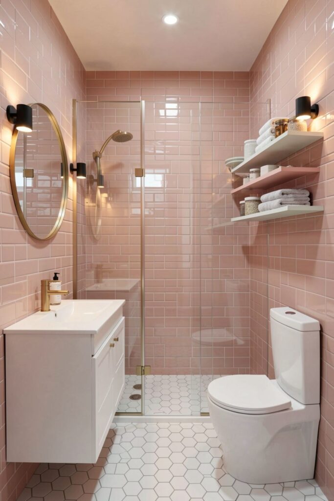 Modern Blush Bathroom With Elevated Shelf Styling