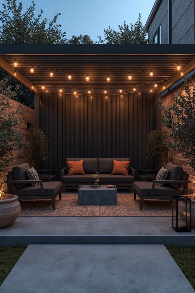 Modern Charcoal Pergola with Terracotta Textiles and Planter Drama