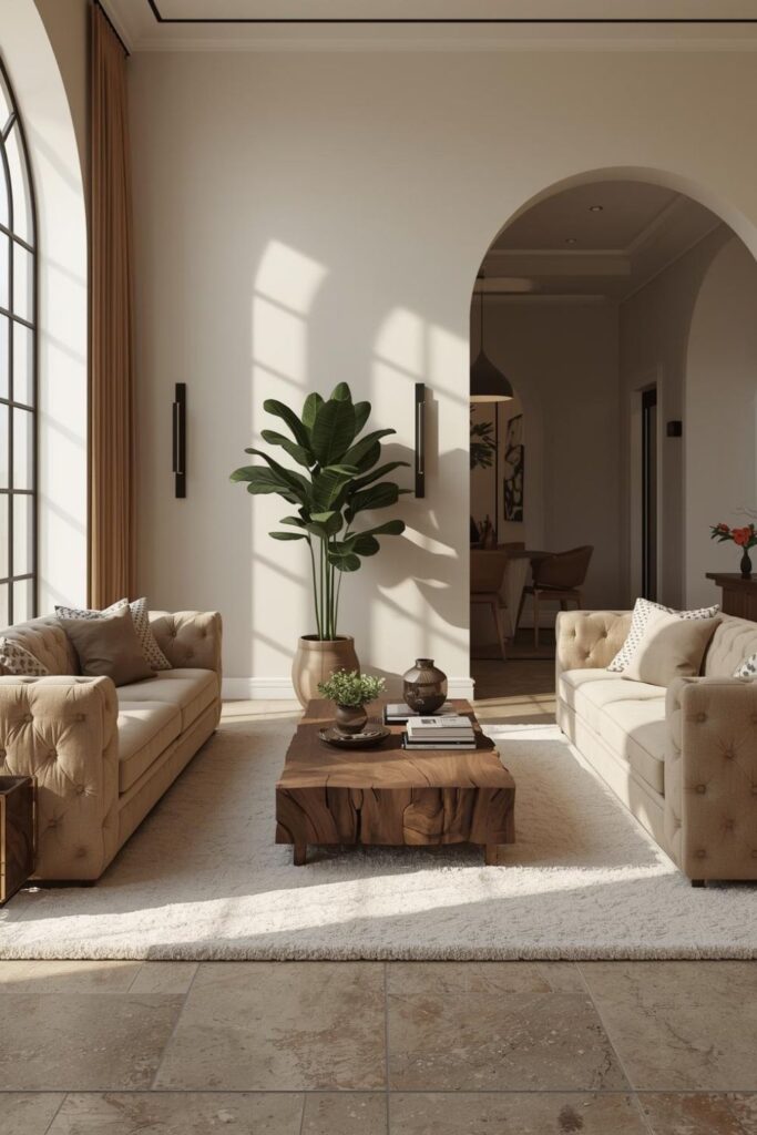 Modern Classic Living Room With Arched Doorway and Walnut Depth