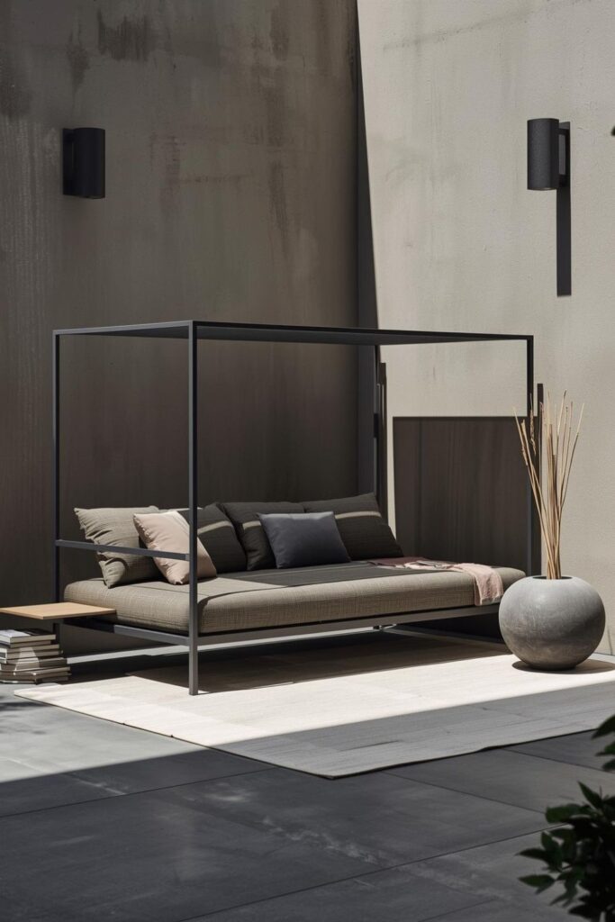Modern Courtyard Daybed With Canopy and Side Shelf