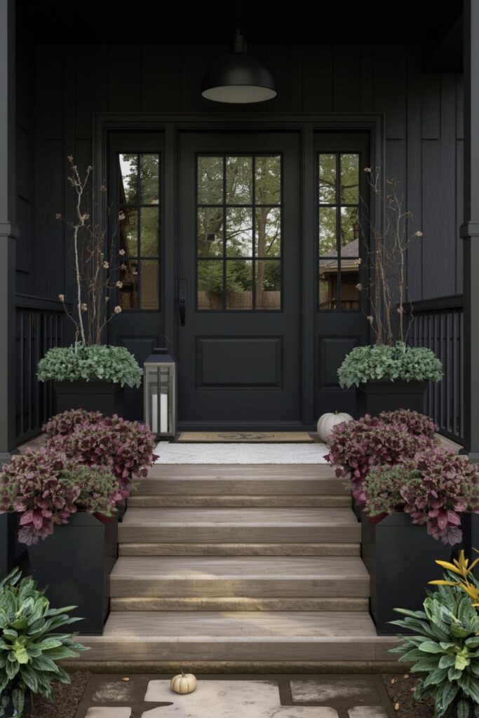 Modern Harvest Planter Boxes with Kale, Mums, and Branches