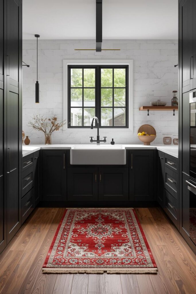  Modern L-Shape Black Kitchen With Red Persian Runner Drama