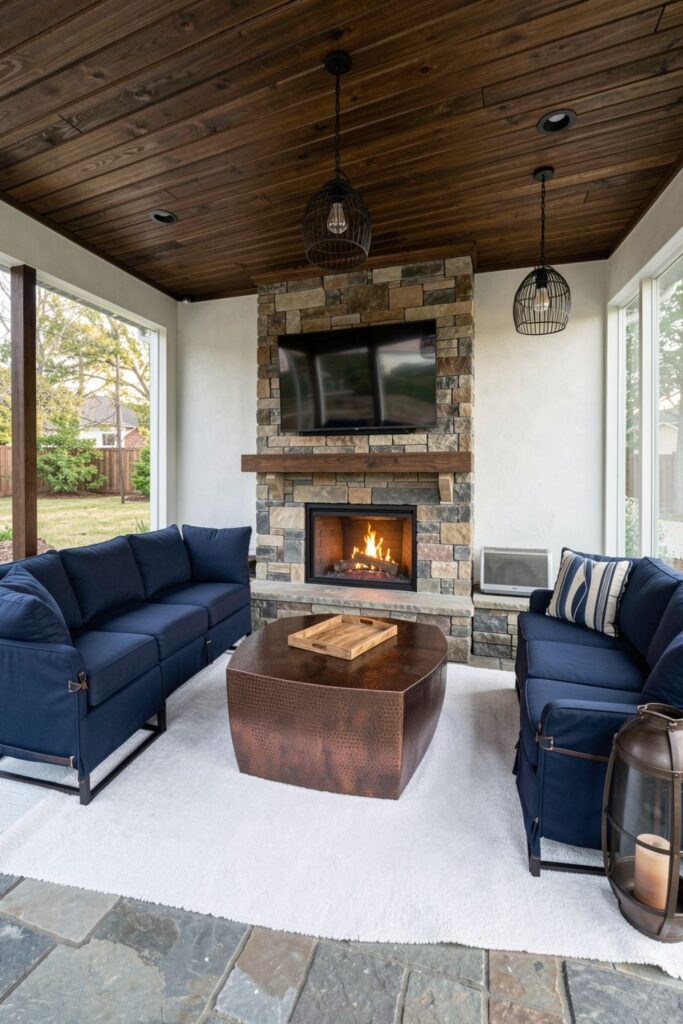 Modern Lodge Stone Fireplace With Navy Sectional And Leather Details