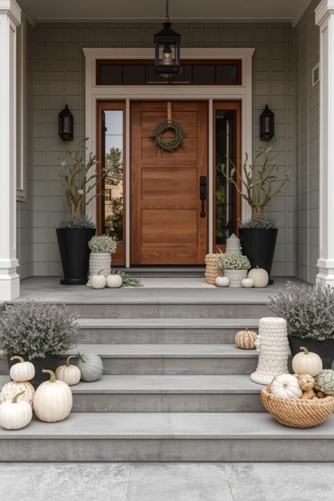 Modern Neutral Pumpkin Steps with Symmetrical Planters