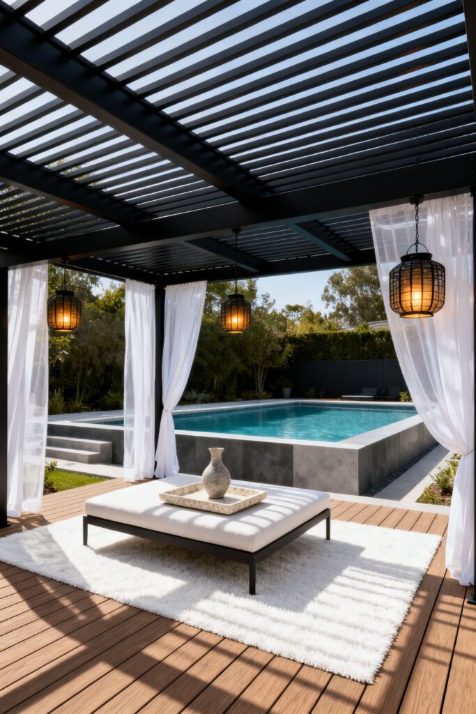 Modern Pergola Deck With Sheer Curtains and Daybed