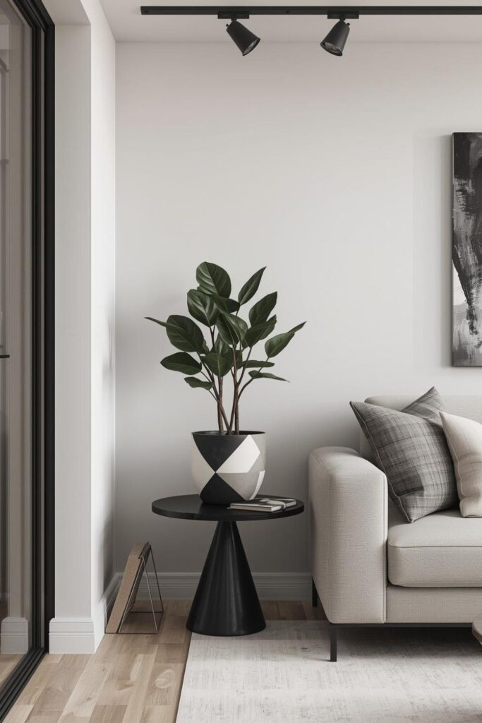 Monochrome Triangle Pattern Pot for a Sculptural Side Table