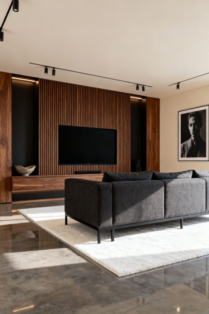 Moody Walnut Media Wall With Low Profile Modular Seating